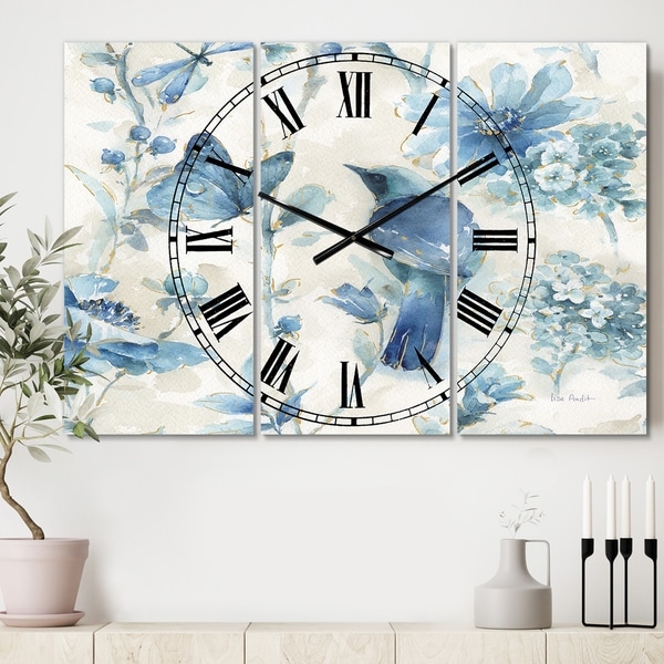 Designart 'Indigold Bird Cottage Family I' Cottage 3 Panels Large Wall CLock - 36 in. wide x 28 in. high - 3 panels
