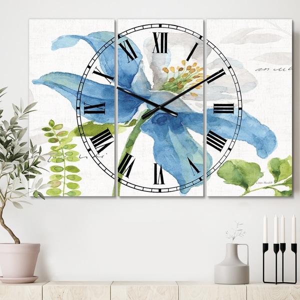 Designart 'Blue Columbine Wild Flower with Ferns' Cottage 3 Panels Oversized Wall CLock - 36 in. wide x 28 in. high - 3 panels
