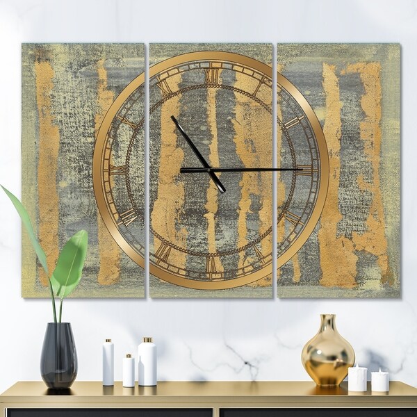 Designart 'Glam Metallic Form IV' Glam 3 Panels Oversized Wall CLock - 36 in. wide x 28 in. high - 3 panels