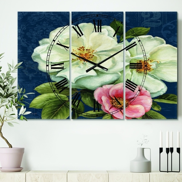 Designart 'Blue Damask Flowers' Cottage 3 Panels Oversized Wall CLock - 36 in. wide x 28 in. high - 3 panels