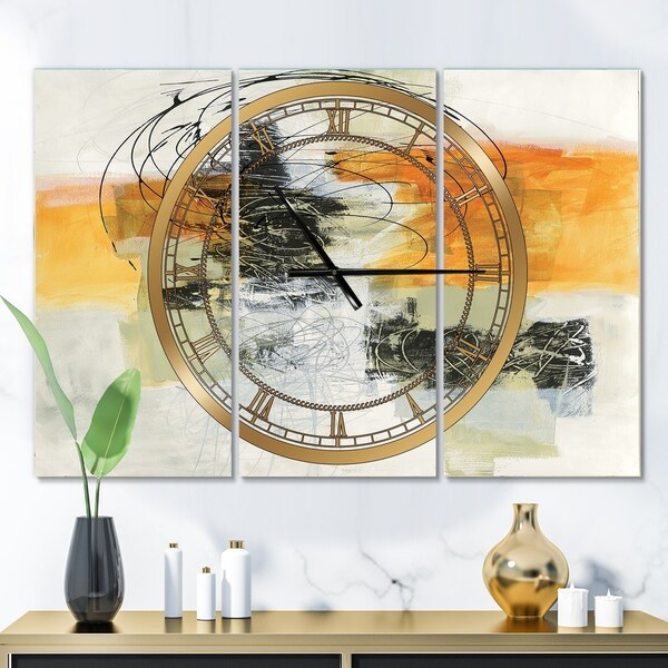 Designart 'Abstract Composition of Glamorous Yellow and Black' Glam 3 Panels Oversized Wall CLock