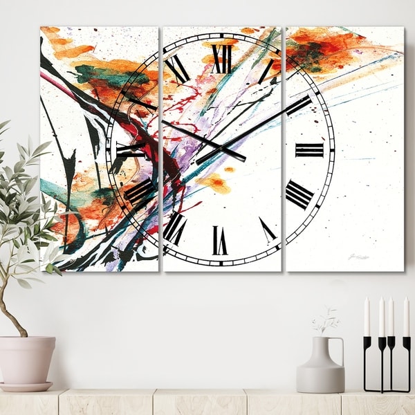 Designart 'Abstract Orange Flowers' Cottage 3 Panels Oversized Wall CLock - 36 in. wide x 28 in. high - 3 panels