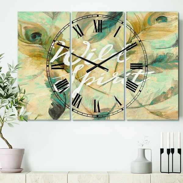 Designart 'Wild Spirit Blue And Cream Cottage Feathers' Cottage 3 Panels Oversized Wall CLock