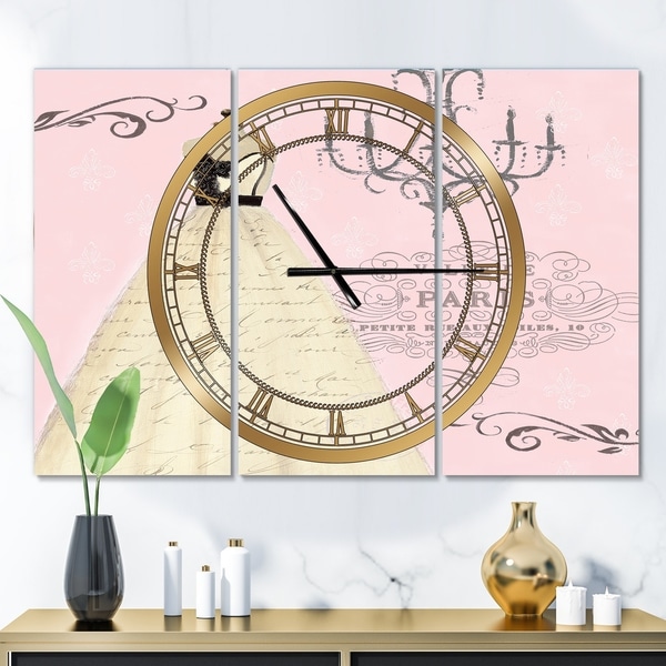 Designart 'French chandeliers Couture II' Glam 3 Panels Oversized Wall CLock - 36 in. wide x 28 in. high - 3 panels
