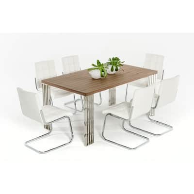 Modern Style Rectangular Wooden Top Dining Table with Stainless Steel Legs, Brown And Silver
