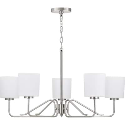 Tobin Collection 5-Light Brushed Nickel Etched White Glass Modern Chandelier Light - N/A