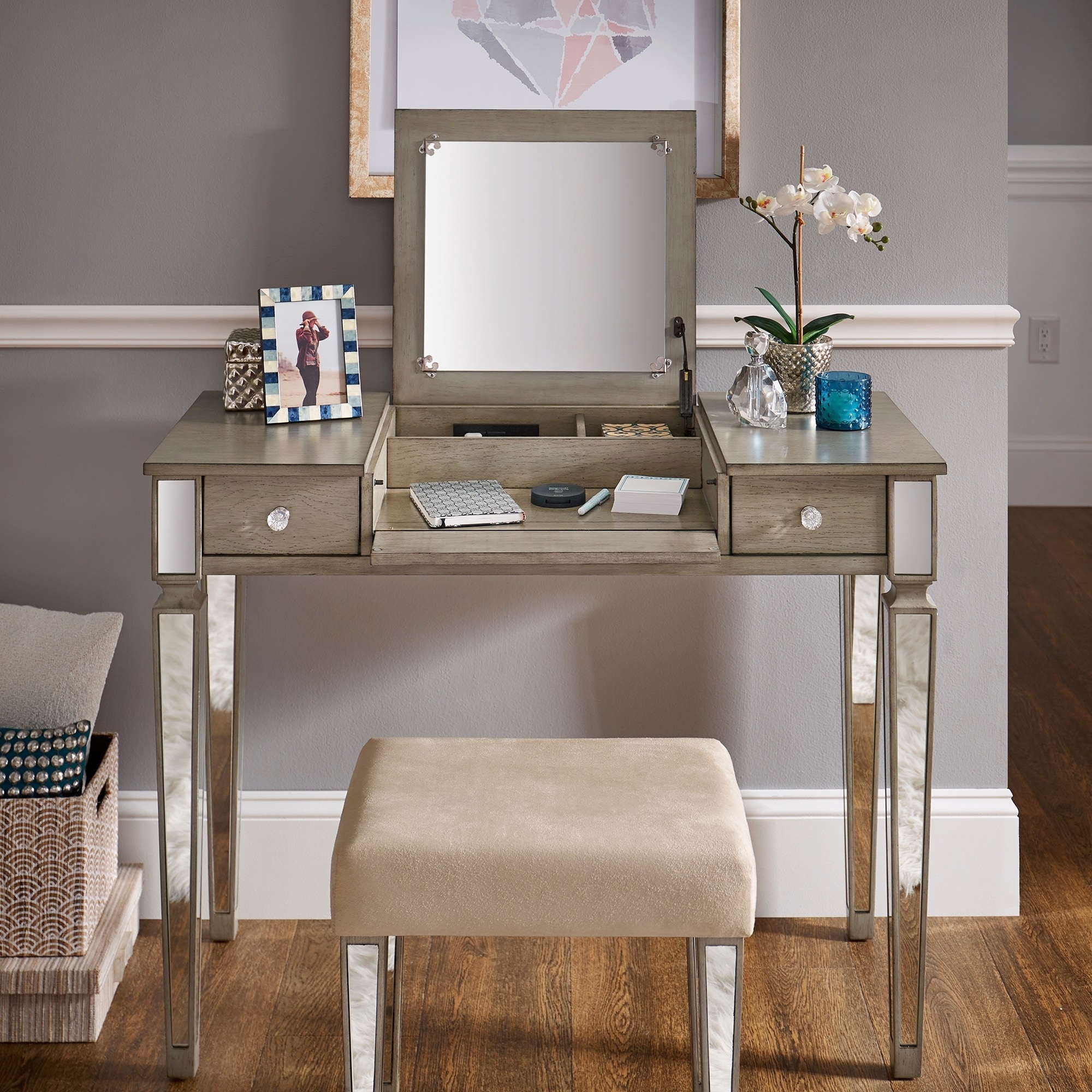 Silver Orchid Bedford Grey Mirrored Vanity Set With Flip Mirror And Strip Silver Orchid Bedford Grey Mirrored Vanity Set With Flip Mirror And Strip
