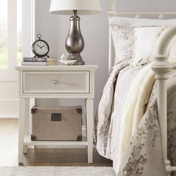 Shop Copper Grove Bons White Finish Beige Linen Drawer Face 1 Drawer Nightstand Overstock 26298357