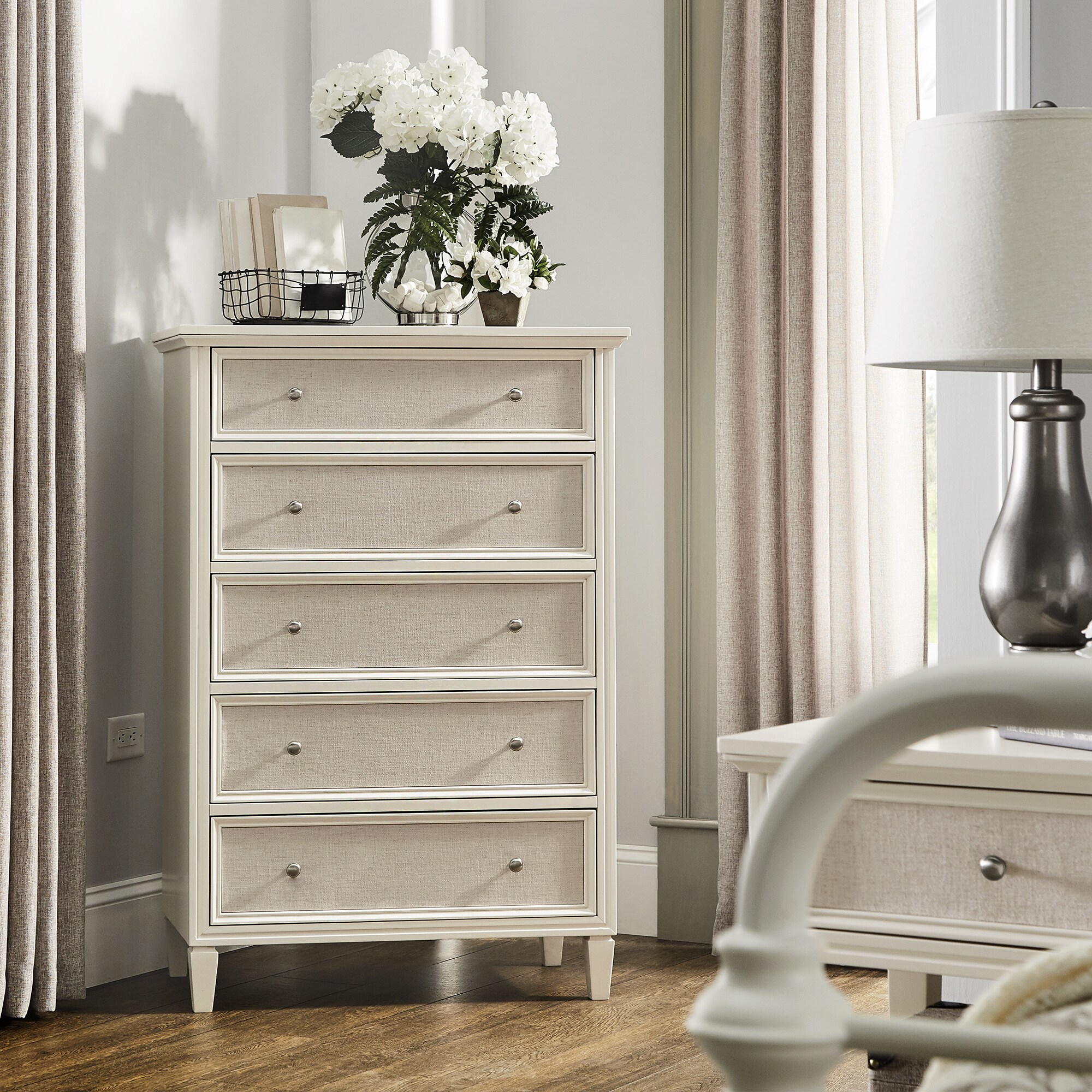 Shop Copper Grove Bons White Finished Beige Linen Faced 5 Drawer