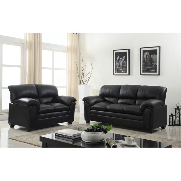 Gtu Furniture Sophisticated Luxurious Faux Leather Rich Onyx Black Loveseat Couch Sofa Over Stuffed Cushions Sofás De Sala