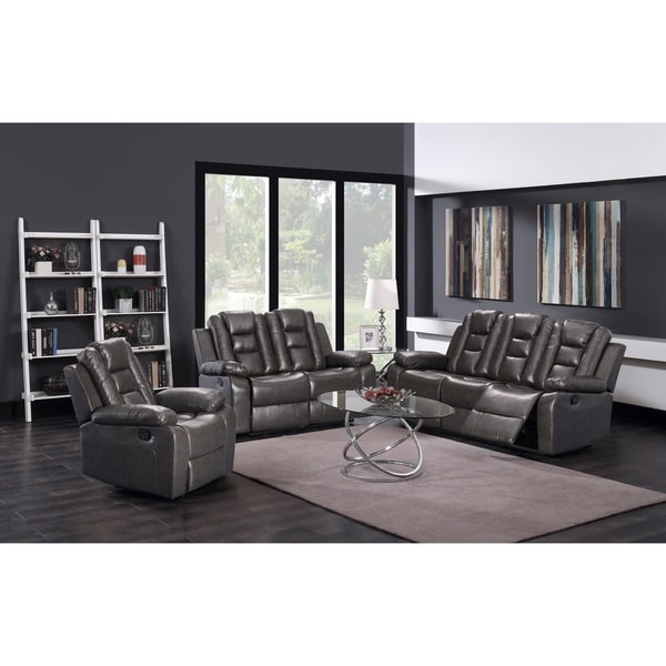 3Pc Grey Pu Leather Sofa Loveseat & Recliner Set