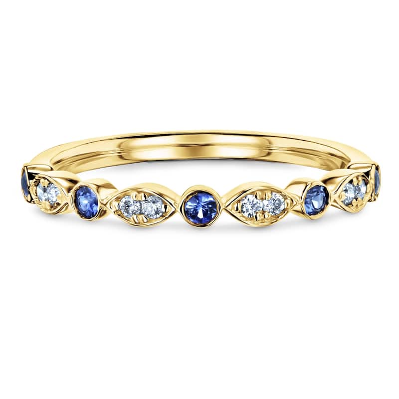 Annello by Kobelli 14k Gold 1/5ct.tw Bezel Blue Sapphire and Pave Diamond Patterned Stackable Women's Band