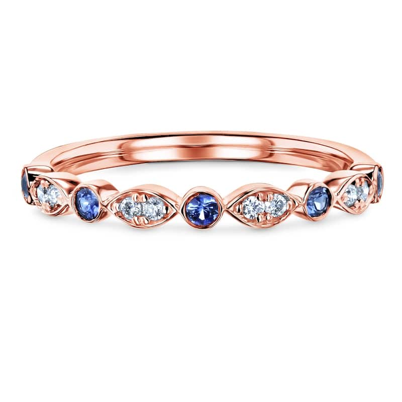 Annello by Kobelli 14k Gold 1/5ct.tw Bezel Blue Sapphire and Pave Diamond Patterned Stackable Women's Band