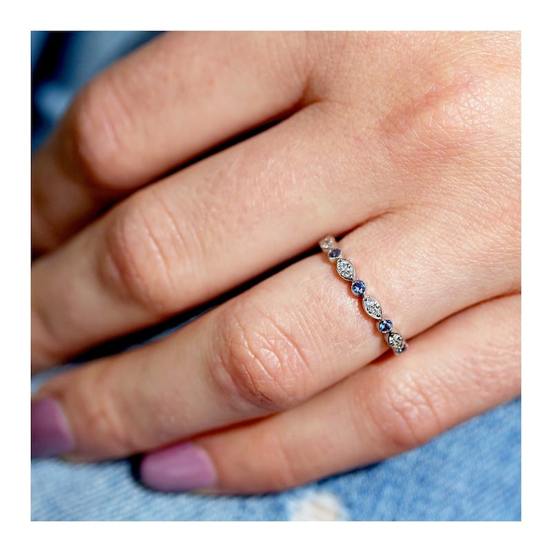 Annello by Kobelli 14k Gold 1/5ct.tw Bezel Blue Sapphire and Pave Diamond Patterned Stackable Women's Band