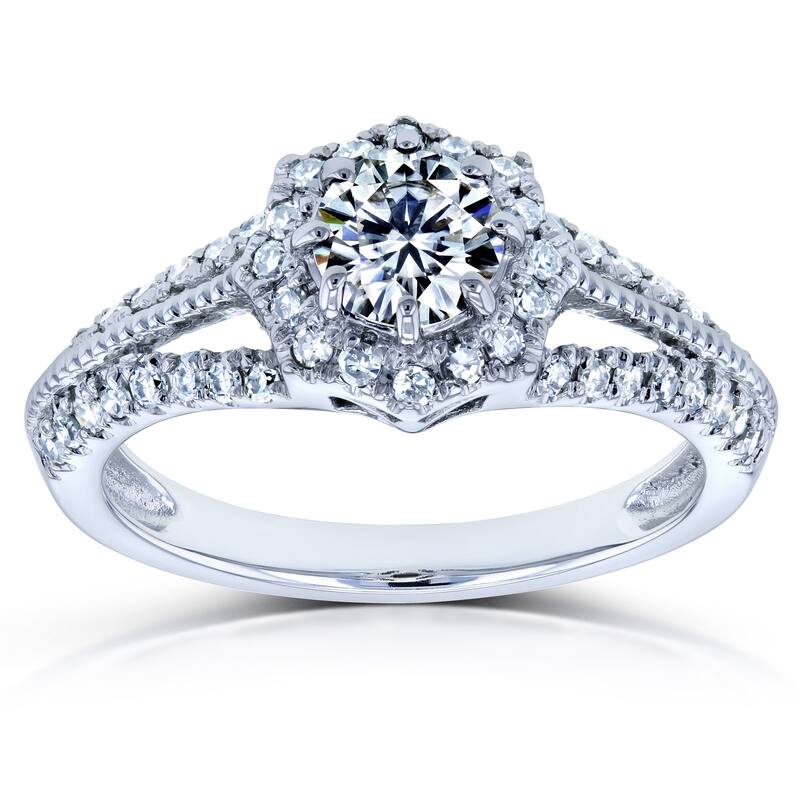 Kobelli 0.8 Carats Moissanite & Natural Diamond Solid 14k White Gold Vintage Star Halo Ring