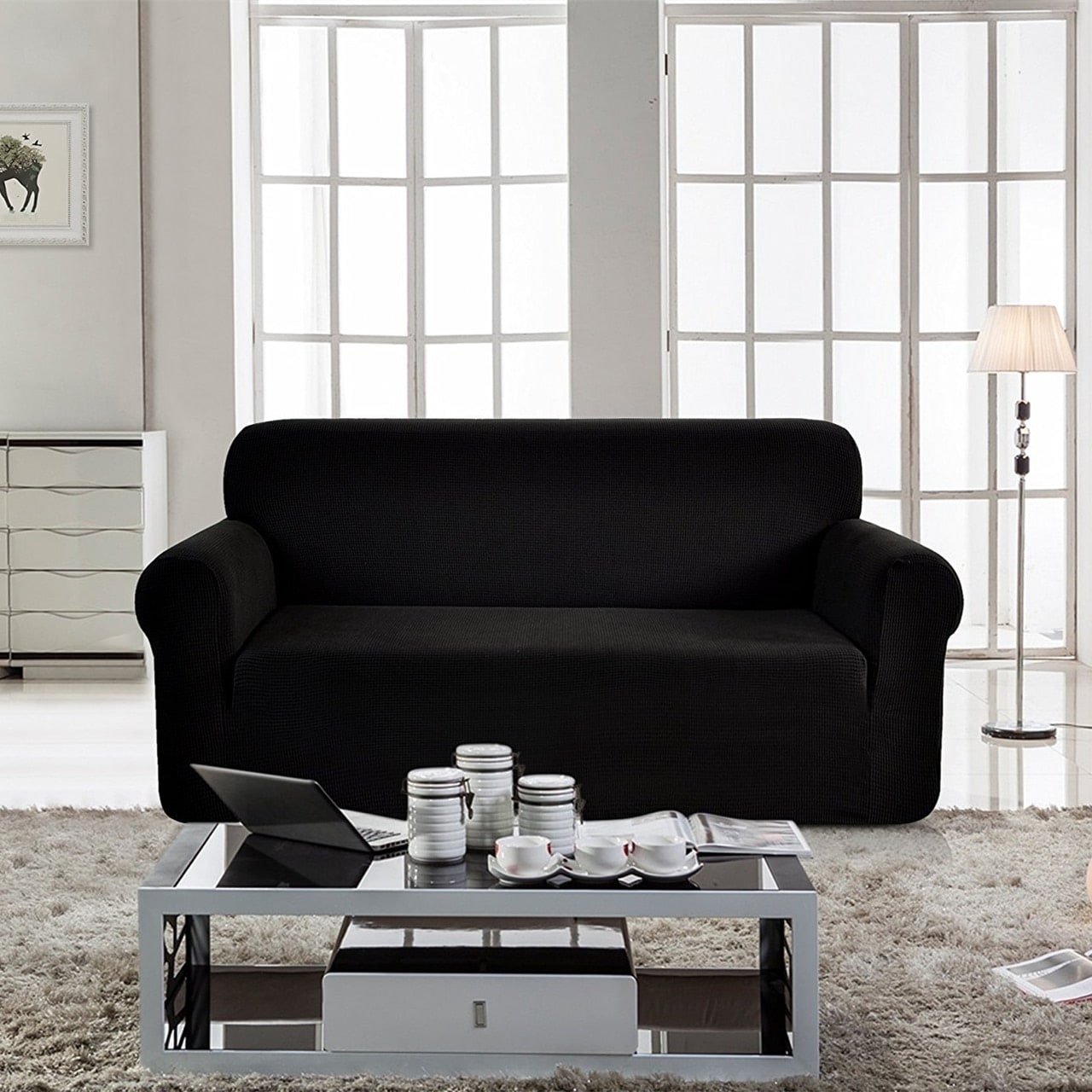 Enova Home Jacquard Polyester Spandex Box Cushion Black Loveseat Slipcovers