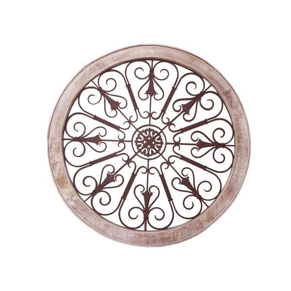 Round Intricate Metal Scrollwork Wall Decor with Wooden Frame ...