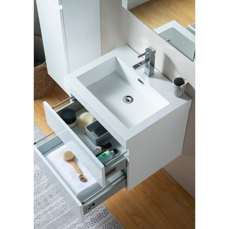 Vanity Art LED Light 24-Inch Single Sink Wall Hung Bathroom Vanity Set White Stone Top Glossy Finish with Sensor Switch