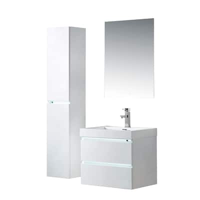 Vanity Art LED Light 24-Inch Single Sink Wall Hung Bathroom Vanity Set White Stone Top Glossy Finish with Sensor Switch