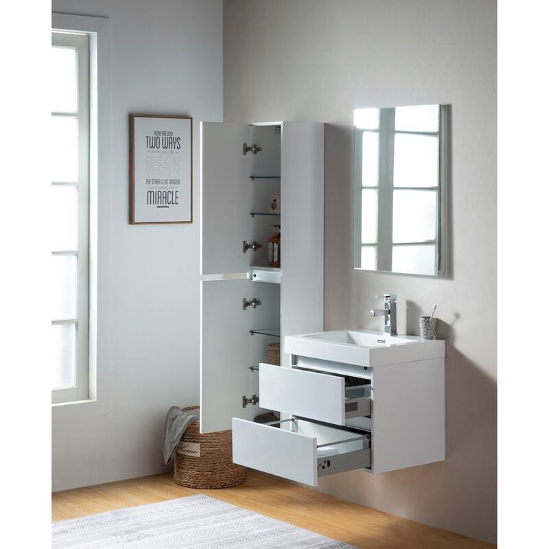 Vanity Art LED Light 24-Inch Single Sink Wall Hung Bathroom Vanity Set White Stone Top Glossy Finish with Sensor Switch