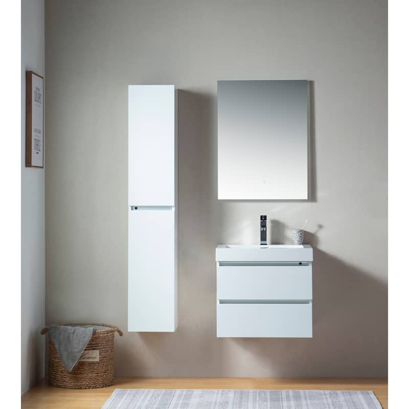 Vanity Art LED Light 24-Inch Single Sink Wall Hung Bathroom Vanity Set White Stone Top Glossy Finish with Sensor Switch
