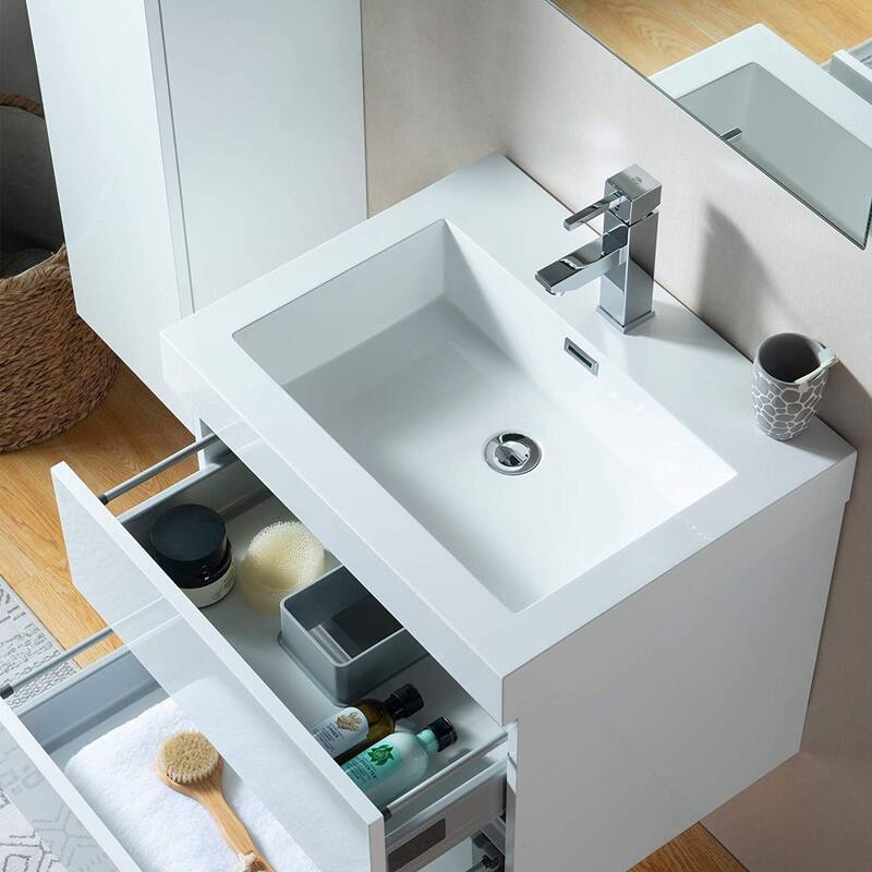 Vanity Art 24-Inch Single Sink Wall Mounted Bathroom Vanity Set White Stone Top Glossy Finish, 2 Drawers