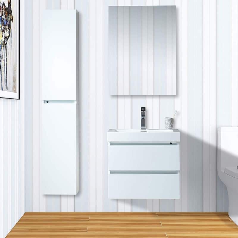 Vanity Art 24-Inch Single Sink Wall Mounted Bathroom Vanity Set White Stone Top Glossy Finish, 2 Drawers