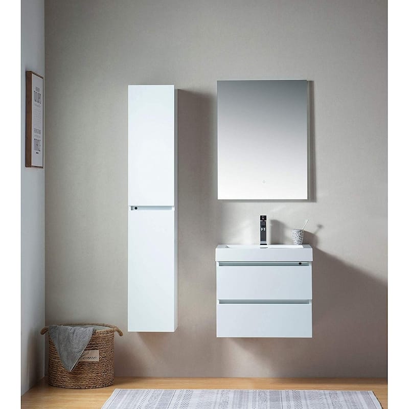 Vanity Art 24-Inch Single Sink Wall Mounted Bathroom Vanity Set White Stone Top Glossy Finish, 2 Drawers