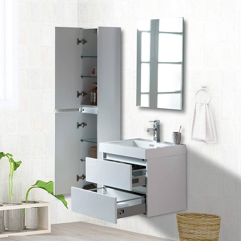 Vanity Art 24-Inch Single Sink Wall Mounted Bathroom Vanity Set White Stone Top Glossy Finish, 2 Drawers