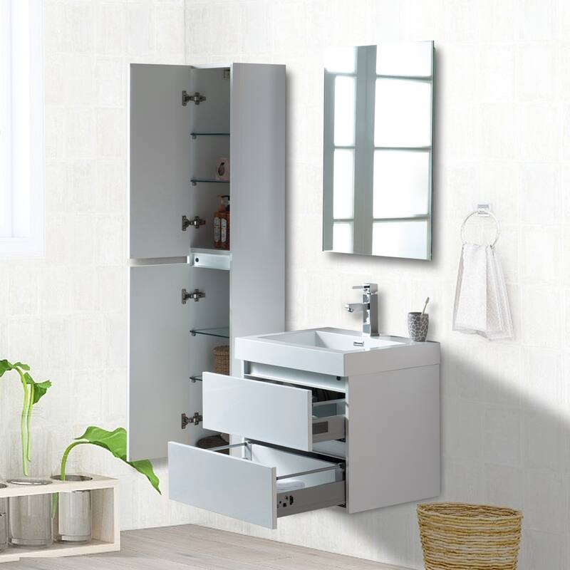 Vanity Art 24-Inch Single Sink Wall Mounted Bathroom Vanity Set White Stone Top Glossy Finish, 2 Drawers