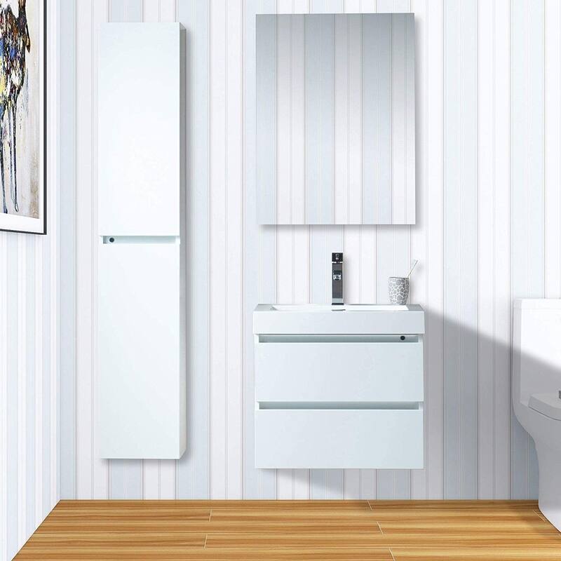 Vanity Art 24-Inch Single Sink Wall Mounted Bathroom Vanity Set White Stone Top Glossy Finish, 2 Drawers