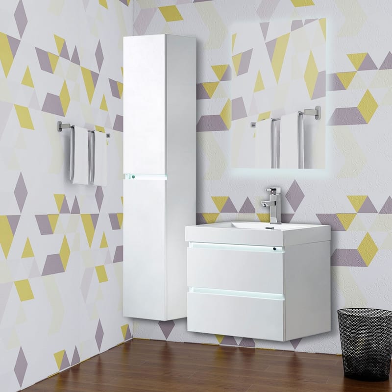 Vanity Art 24-Inch Single Sink Wall Mounted Bathroom Vanity Set White Stone Top Glossy Finish, 2 Drawers