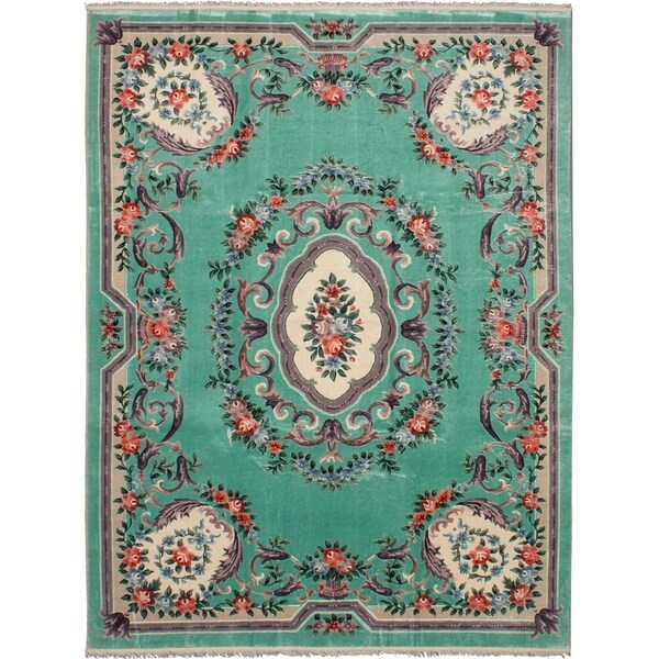 eCarpetGallery Hand-knotted Aubousson Harrir Cyan Silk Rug - 8'11 x 11'11