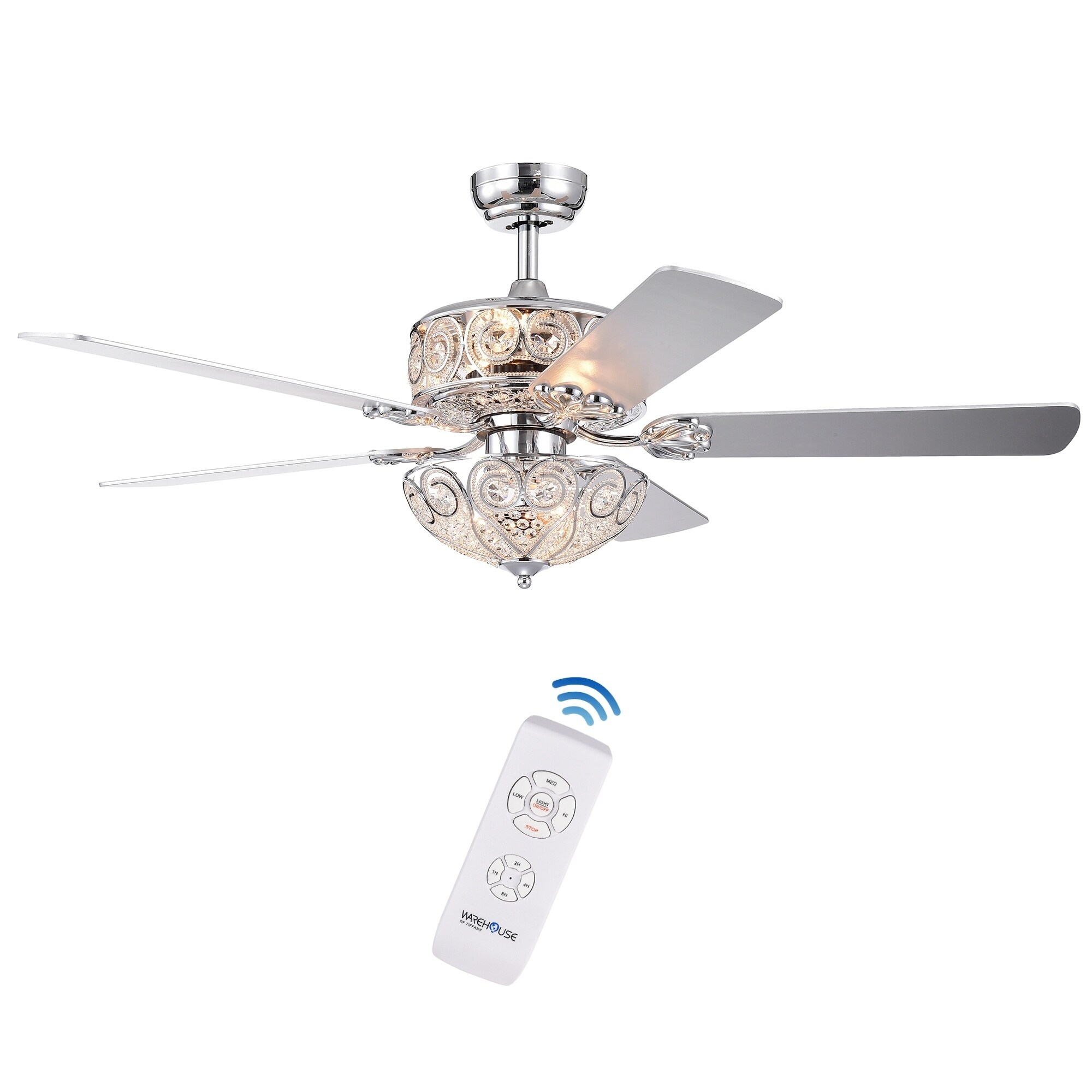 Catalina Chrome Finish 5 Blade 52 Inch Crystal Ceiling Fan Optional Remote Incl 2 Blade Colors