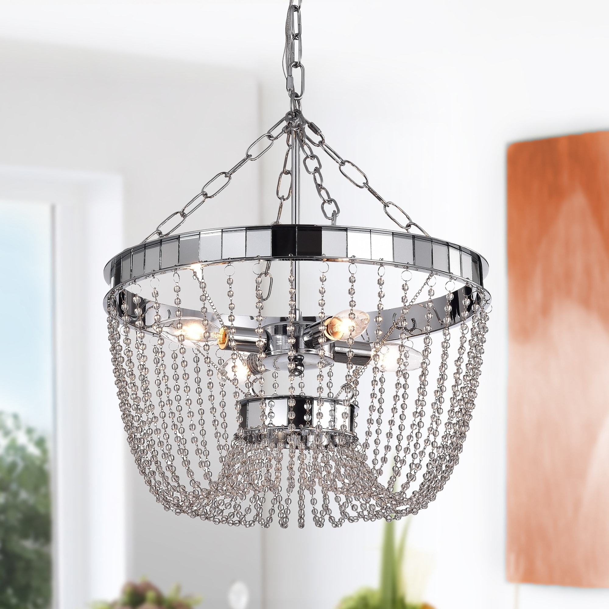 Warehouse of Tiffany Gawren Chrome 4-light Chandelier with Crystal Bead Shade