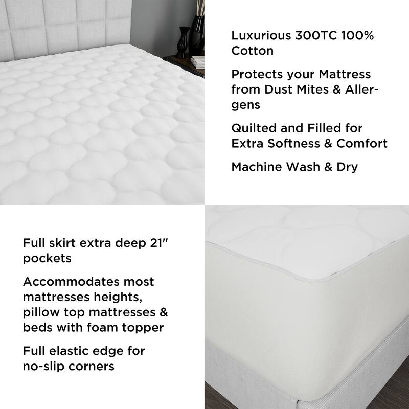 Padded Mattress Cover-100% Cotton Overstuffed Quilted Skirted Bed Protector Topper by Lavish Home - White