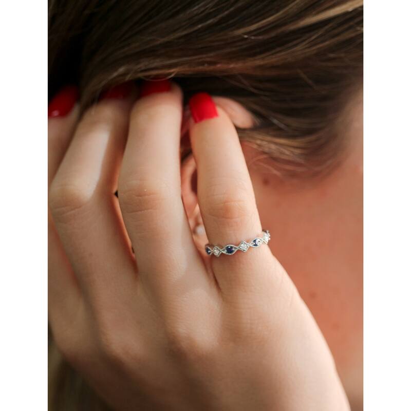 Annello by Kobelli 10k White Gold 1/5ct.tw Alternating Sapphire and Diamond Patterned Fashion Stackable Ring