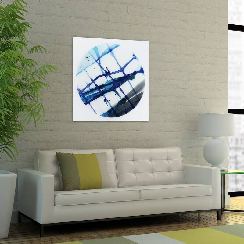 "Blue Stripes" Frameless Free Floating Tempered Glass Panel Graphic Wall Art - Blue/White