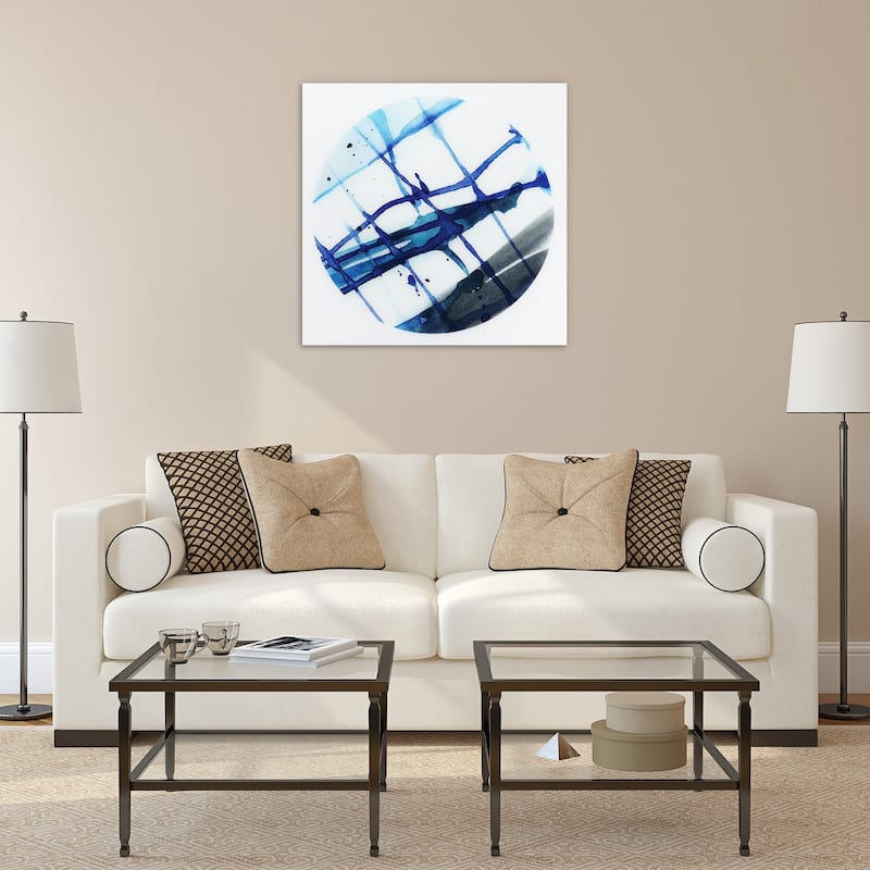"Blue Stripes" Frameless Free Floating Tempered Glass Panel Graphic Wall Art - Blue/White