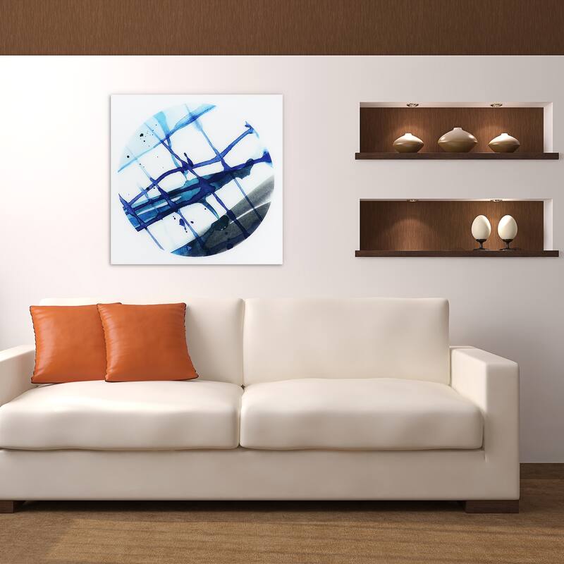 "Blue Stripes" Frameless Free Floating Tempered Glass Panel Graphic Wall Art - Blue/White