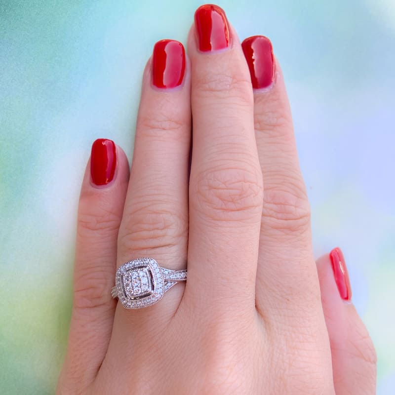 Miadora 10k White Gold 1/3ct TDW Diamond Cluster Square Halo Engagement Ring