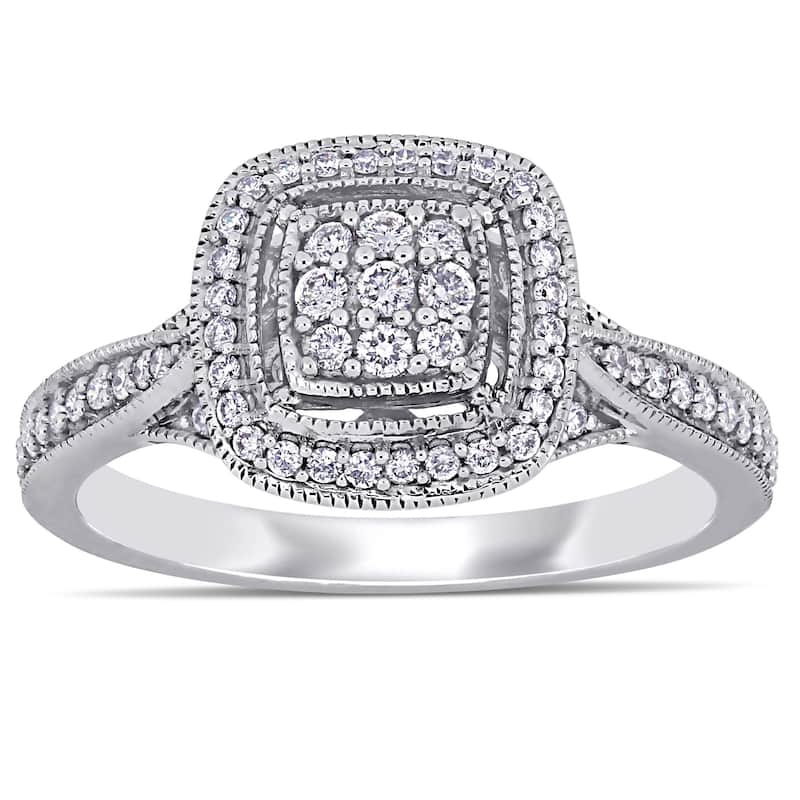 Miadora 10k White Gold 1/3ct TDW Diamond Cluster Square Halo Engagement Ring