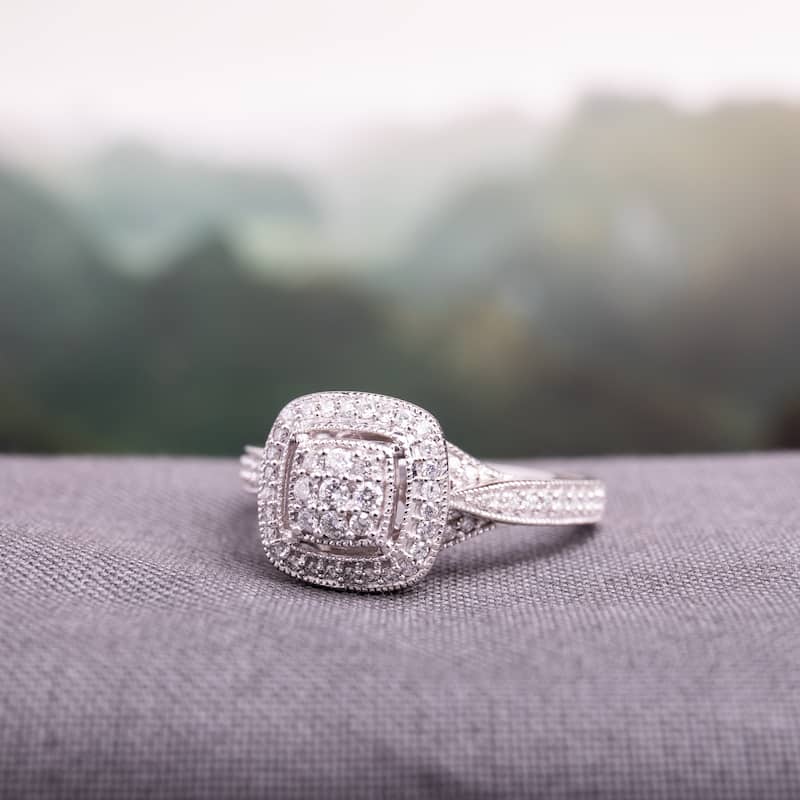 Miadora 10k White Gold 1/3ct TDW Diamond Cluster Square Halo Engagement Ring