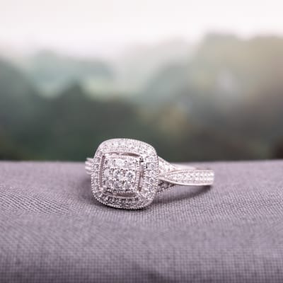 Miadora 10k White Gold 1/3ct TDW Diamond Cluster Square Halo Engagement Ring