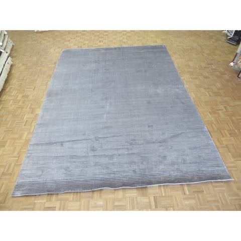 Hand Knotted Gray Tibetan with Bamboo Silk Oriental Rug (10'2" x 13'11") - 10'2" x 13'11"