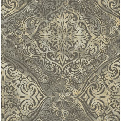 Palladium Damask Wallpaper, In Metallic Gold & Charcoal