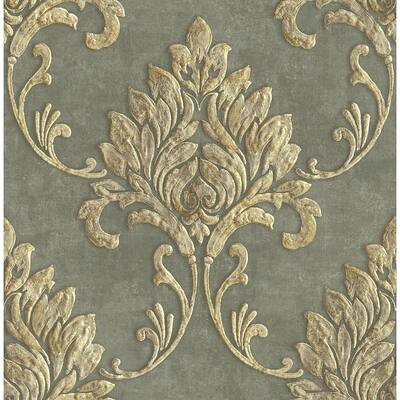 Telluride Damask Wallpaper, In Gray & Metallic Gold