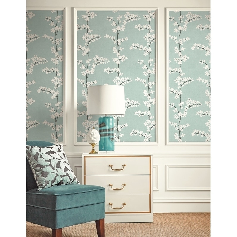 Appleton Floral/Twigs/Branches Wallpaper, In Sky Blue, White, & Gray
