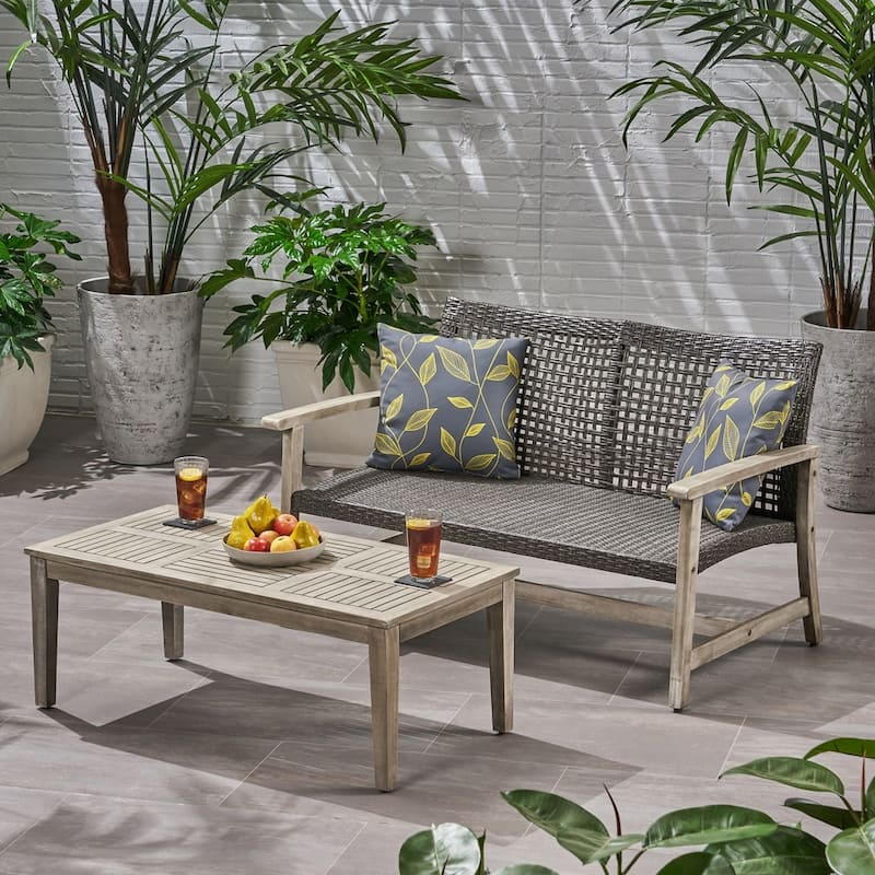 Hampton Outdoor Acacia/ PE Wicker Loveseat and Coffee Table Set by Christopher Knight Home - Mixed Black + Light Gray Washed Finish