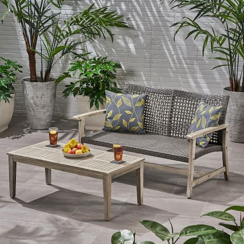 Hampton Outdoor Wood and Wicker Loveseat and Coffee Table Set by Christopher Knight Home